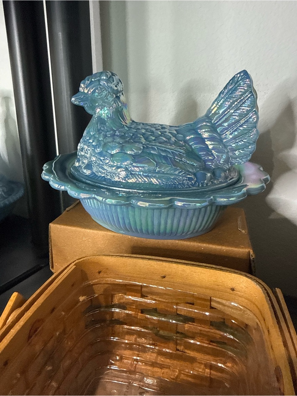 Mosser Georgia Blue carnival Glass Hen on Nest Covered Dish - Home Dining